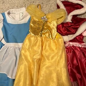belle dress-up blue with apron , golden ball gown and pink winter with fur hood